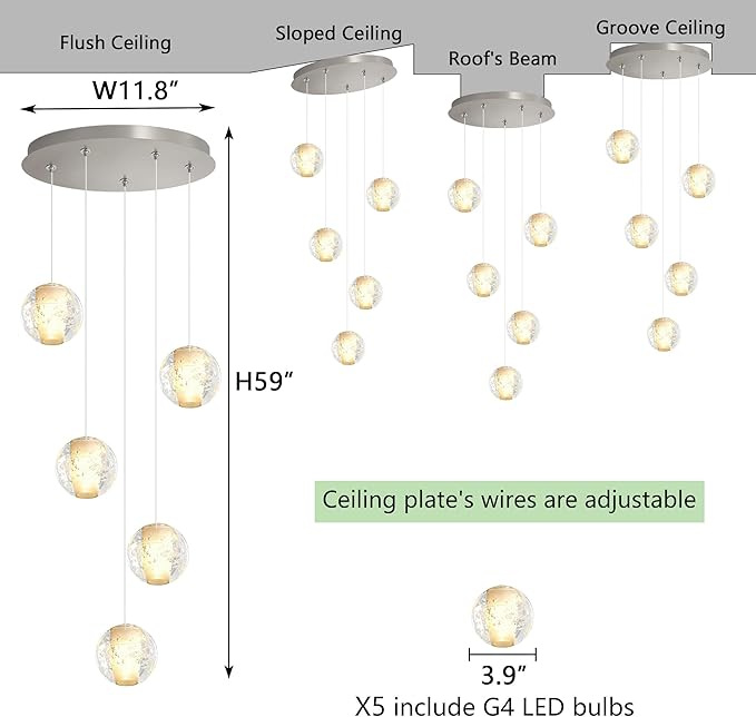 HAIXIANG 5 Lights Globe Chandelier Modern Crystal Glam Light LED Warm Light Pendant Lights for Dining Room Kitchen Island Brushed Nickel Lighting Fixture