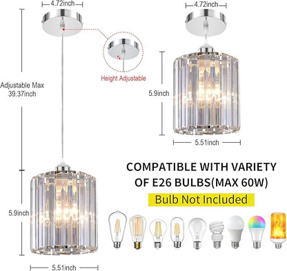 TISLYCO Crystal Pendant Lights - Kitchen Island Lighting, Mini Crystal Chandelier for Living Room, Dining Room, Hallway, Bar - 2 Pack - Silver