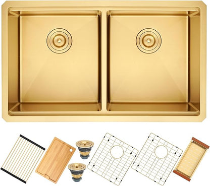 32 Inch Gold Sink Undermount Double Bowl, 16 Gauge 50/50 Double Bowl Stainless Steel Workstation Sink, 32"x19"x10" Large and Deep Kitchen Sink With Accessories