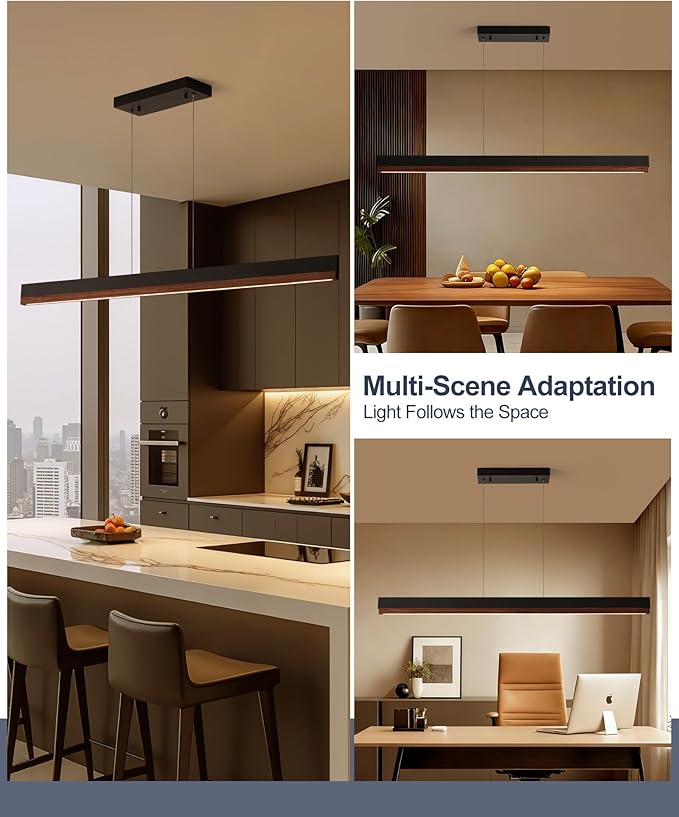 71" Wood Linear Pendant Light, Dimmable Kitchen Island Lighting with Remote, 24W LED Wood Linear Chandelier, Adjustable Hanging Pendant Light for Dining Room, Kitchen Island, Office-Walnut