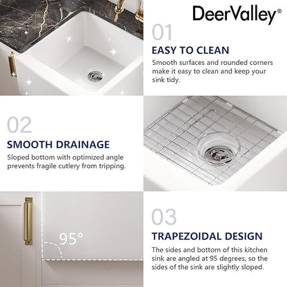 DeerValley Double Bowl White Kichen Sink 33 inch, Ceramic Apron Front Farmhouse Sink, Deep Drop-in Fireclay Undermount Large Sinks with Grid & Strainer