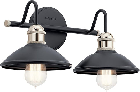 Kichler Clyde 2-Light Bathroom Vanity Light Fixture with Vintage Industrial Design, Black Finish for Bathrooms Over Mirror (7.25" H x 17" W x 8.25" Ext.), 45944BK