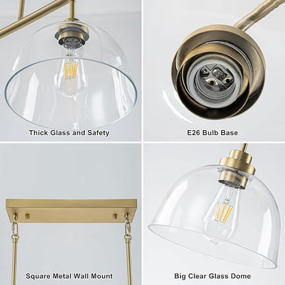 Dining Room Light Fixtures over Table, Large Kitchen Island Lights Modern Farmhouse Chandelier Vintage Brushed Gold Rectangle Chandelier Light Fixture with 3 Big Clear Glass Dome,Height Adjustable