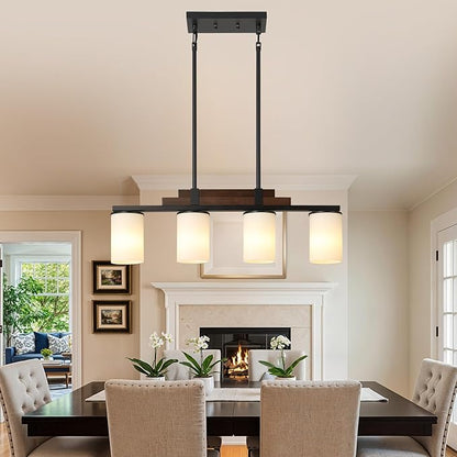 Farmhouse Wood Kitchen Island Lighting, 4-Light Adjustable Chandelier for Dining Room, Milk Glass Shade Dining Room Light Fixture Over Table, Black Hanging Pendant Lights for Kitchen, Pool Table