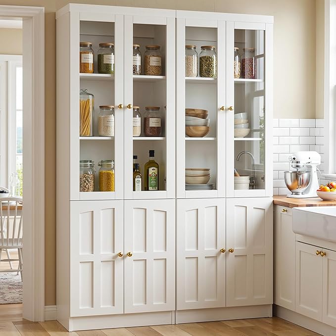 Cyclysio Kitchen Pantry Cabinet, 80" Wood Pantry Storage Cabinet with Doors and Adjustable Shelves, Kitchen Cabinet with Thickened Top Panel, Tall Cabinet for Livingroom, Pantry, Bathroom (2, White)