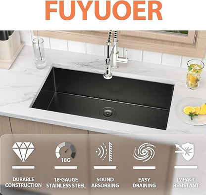 33 Inch Undermount Kitchen Sink Black 18 Gauge Stainless Steel Under Counter Sink Single Bowl Deep Handmade Single Bowl Kitchen Sink,33"x19"x9"