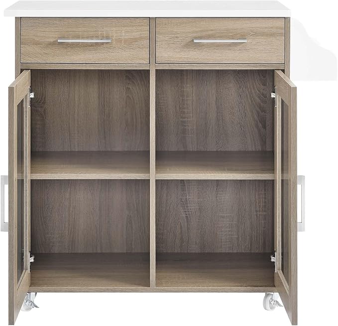 Modway Cuisine Rolling Kitchen Cart with Storage in Oak White - Portable Island for Kitchen with Spice Rack, Perfect as a Coffee Bar Cabinet, Butcher Block Island or Kitchen Island on Wheels
