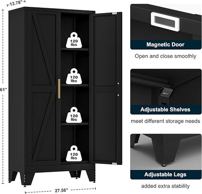 LCAOPC 61" Tall Metal Storage Cabinet with 2 Doors and 3 Adjustable Shelves, 4-Tier Kitchen Pantry Storage Cabinet for Kitchen, Living Room, Dining Room and Office, Black