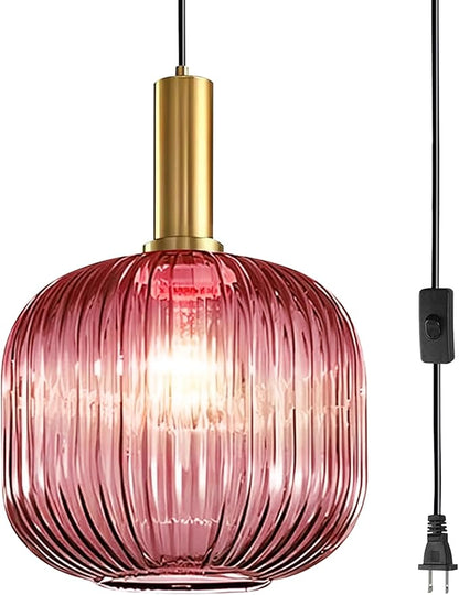 Pink Plug in Pendant Light, 9.8" Mid-Century Modern Ribbed Glass Hanging Lamp with 15ft Cord & On/Off Switch, Hand-blown Striped Glass Pendant Lighting for Bedroom, Kitchen Island, Dining Room