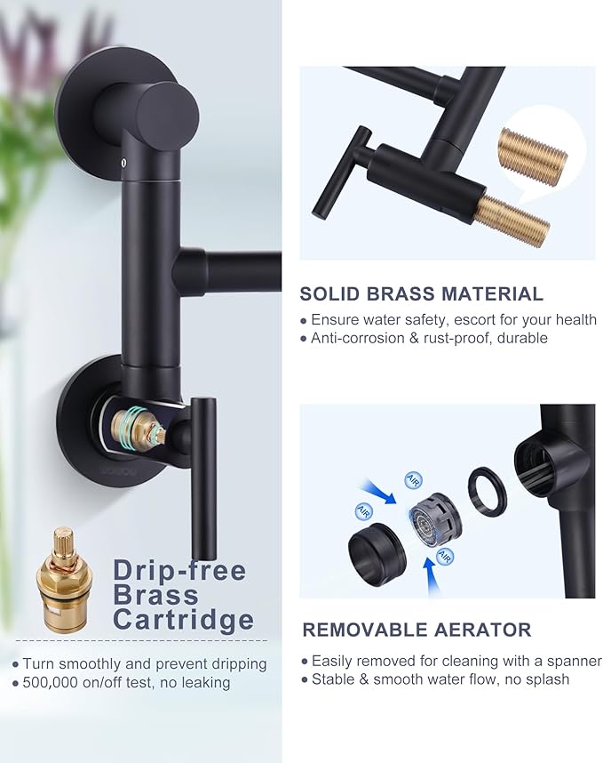 WOWOW Pot Filler Faucet Black: Single Hole Wall Mount Stove Faucet, Brass Pot Filler Two Attachment with Double Joint Swing Arms