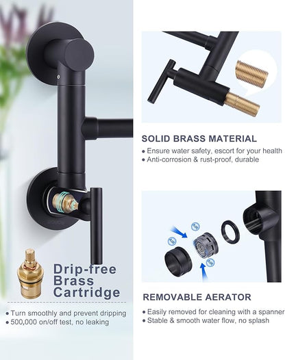 WOWOW Pot Filler Faucet Black: Single Hole Wall Mount Stove Faucet, Brass Pot Filler Two Attachment with Double Joint Swing Arms