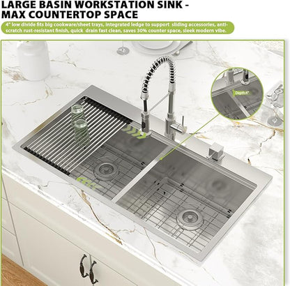 39-inch Drop In Kitchen Sink - Double Bowl 50/50 Multifunctional Workstation Large Kitchen Sink, 304 Stainless Steel 16 Gauge Above Counter Sinks for Kitchen with Mixing Bowl, 39''x22''x10''