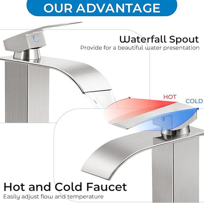 Brushed Nickel Bathroom Faucets *2, Waterfall Bathroom Sink Faucet Modern Single Handle Bathroom Faucte 1 or 3 Hole, RV Mixer Tap Vanity Faucet - Includes Pop-up Drain