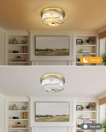 Flush Mount Ceiling Light, 12inch Close to Ceiling Light Fixture, Metal Gold Finish with Handmade Grey Marble Glass Art Shade for Living Bedroom Room Hallway Kitchen