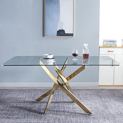 Luxury Gold Glass Dining Table for 4 Modern 51" Rectangular Kitchen & Dining Room Table with X-Shape Stainless Steel Base Large Clear Glass Top Dining Table for Home Office
