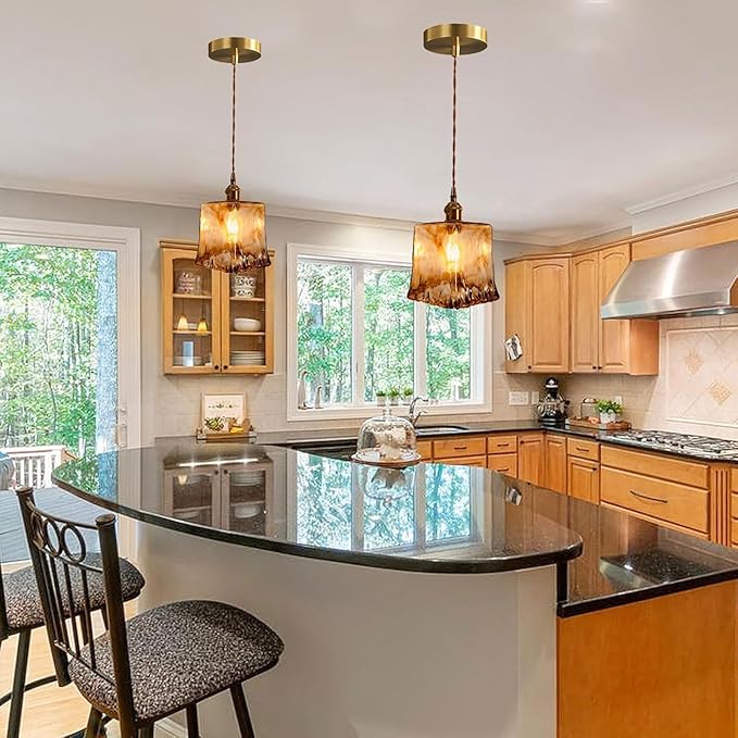 Vintage Amber Glass Pendant Light, Mid Century Square Brushed Brass Hanging Pendant Chandelier, E26/E27 Adjustable Height Farmhouse Pendant Lamp Fixture for Kitchen Island Living Room Dinning Room