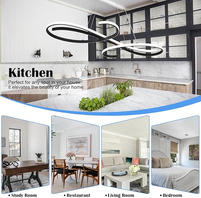 Kitchen Island Lighting, 3-Color LED Dining Room Light Fixture, 47.24" Adjustable Height Led Pendant Lighting for Kitchen Island, Black Chandeliers for Dining Room