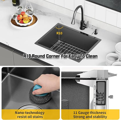 Black 23x18 Inch Undermount Kitchen Sink-Stainless Steel Single Bowl Drop In Kitchen Sink Stylish And Modern Look With Bottom Grid,Silicon Mat And Drain Assembly Add Elegance & Enhance Usability