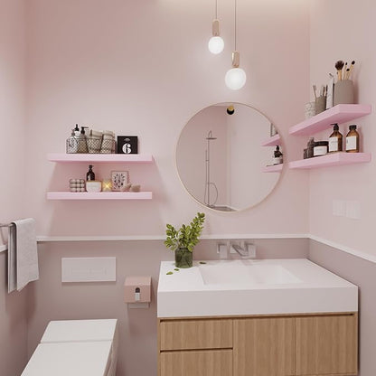 PopiShelves Pink Floating Shelves for Wall - 17 Inch Natural Wood Shelves for Bathroom, Bedroom, Kitchen Decor, Farmhouse Decor Set of 2