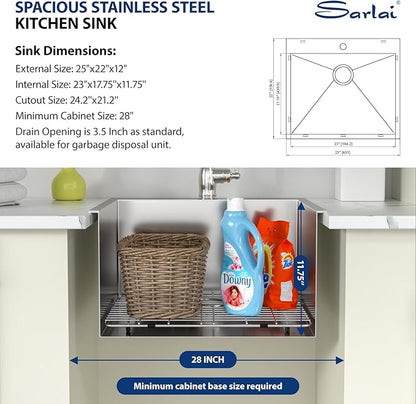Sarlai 25 Inch Laundry Sink - 25x22 Drop In Kitchen Sink Utility Laundry 12 Inch Deep Sinks Topmount Single Bowl Stainless Steel Room Utility Tub Sinks Basin