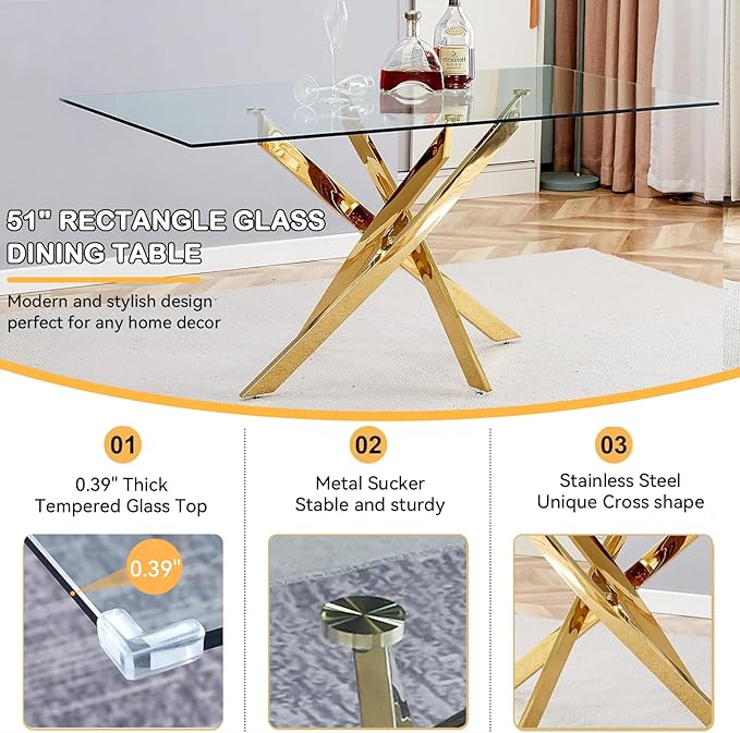 51-Inch Glass Dining Room Table for 4-6 People, Modern Rectangular Kitchen Dining Table with Gold Cross-Shape Stainless Steel Legs for Apartment Kitchen Dining Room