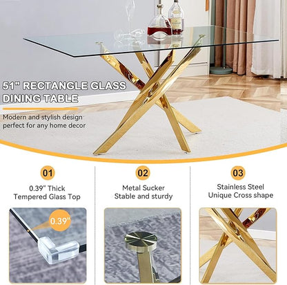 51-Inch Glass Dining Room Table for 4-6 People, Modern Rectangular Kitchen Dining Table with Gold Cross-Shape Stainless Steel Legs for Apartment Kitchen Dining Room