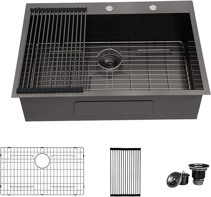 28x22 Drop In Kitchen Sink Black 16 Gauge Stainless Steel Single Bowl Drop Kitchen Sinks Nano PVD Gunmetal Black Handmade Large Deep Topmount Sinks, 28x22x9 Inch
