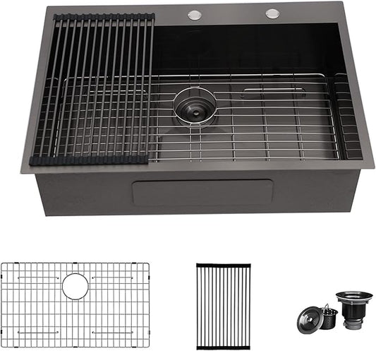 28x22 Drop In Kitchen Sink Black 16 Gauge Stainless Steel Single Bowl Drop Kitchen Sinks Nano PVD Gunmetal Black Handmade Large Deep Topmount Sinks, 28x22x9 Inch
