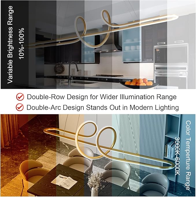 Gold Led Chandelier Light Fixtgure Dimmable Modern Chandelier with Remote 3000K-6500K Color Changing L43.30 Luxury Pendant Light for Kitchen Island Over Table Height Adjustable