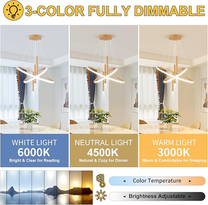 ORANOOR LED Gold Modern Chandeliers for Dining Room Bedrooms Living Room, Dimmable 24in 5250lm Kitchen Pendant Lamp Dining Room Light Fixtures Ceiling Hanging Over Table, 2 Ring Round Chandeliers