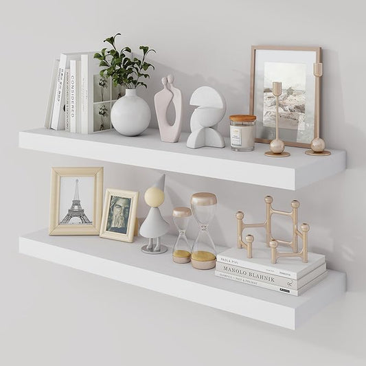 Acovy 30 Inch Floating Shelves, 9.3" Deep Floating Shelf Wall Mounted, 30" Wall Shelves, Rustic Deep Bookshelf, Large Display Shelves & Storage Shelves for Bedroom, Living Room, White, Set of 2
