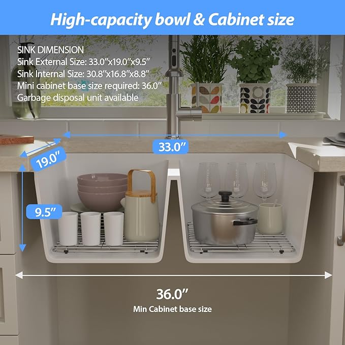 Lordear 33 Granite Composite Kitchen Sink 33x19 Inch White Undermount Sink Double Bowl 50/50 Granite Composite Under/Over Counter White Kitchen Sink