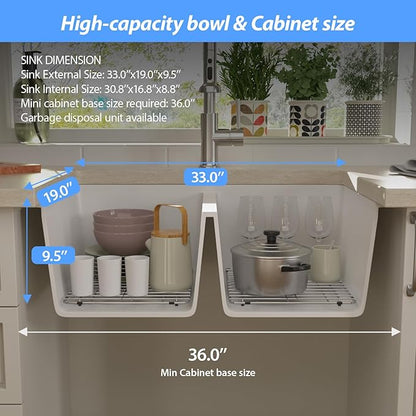 Lordear 33 Granite Composite Kitchen Sink 33x19 Inch White Undermount Sink Double Bowl 50/50 Granite Composite Under/Over Counter White Kitchen Sink