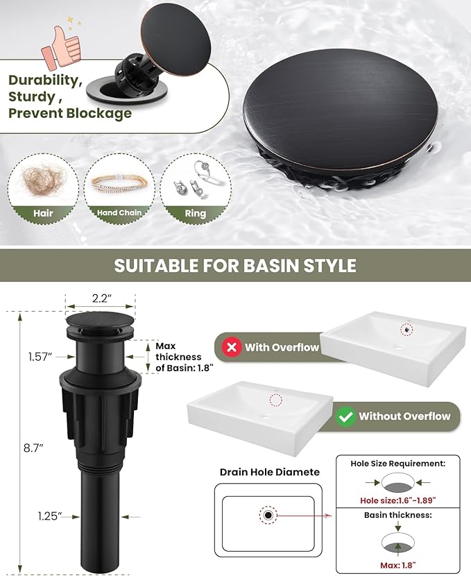 gotonovo Vessel Sink Faucet Single Handle Tall Bathroom Faucet One Hole Modern Lavatory Vanity Basin Mixer Tap Matching Supply Hoses and Pop up Drain Without Overflow, Oil Rubbed Bronze