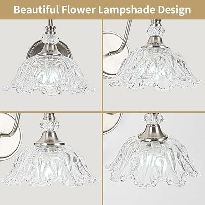 1 Piece Brushed Nickel Wall Sconce with Floral Clear Glass Shade, Brushed Nickel Finish Wall Mount Lighting for Bathroom, Modern Bathroom Vanity Light Fixture