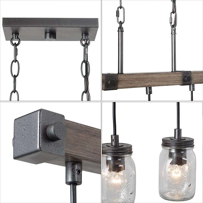 LOG BARN Farmhouse Chandeliers for Dining Room, 5 Light Mason Jar Kitchen Island Lighting, Rustic Faux Wood Island Lights for Kitchen