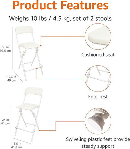 Amazon Basics Folding Bar Stool with Footrest, Portable, Sturdy, Space-Saving Storage, 300lb Capacity, 24" Height, White, Set of 2