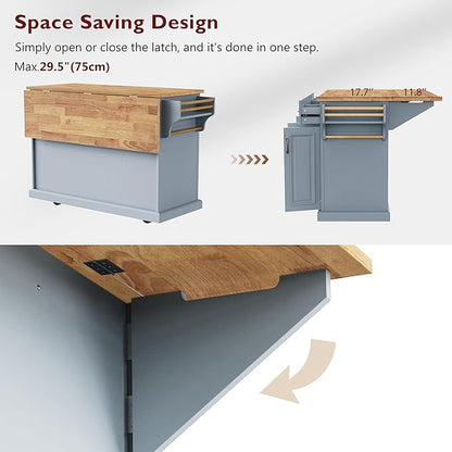 JIJIWANG 54" Large Kitchen Island with Drop Leaf and Storage, Embossed Texture Rolling Kitchen Cart on 4 Wheels with 4 Doors and 3 Drawers for Dining Room, Grey Blue
