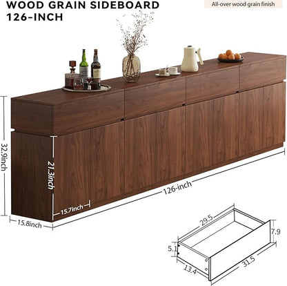 126" Buffet Cabinet with Drawers & Door, Console Table, Set of 4 Modular Stackable Sideboard Coffee Bar Cabinet with Adjustable Shelves, Matte Walnut Storage Accent Credenza for Living Room