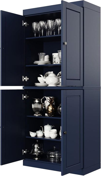 Palace Imports Solid Wood Kitchen Pantry Cabinet - 71.5" Tall x 32" Wide - Wooden Storage Cabinet with 4 Doors & Adjustable Shelves, Navy Blue, 100% Renewable Eco-Friendly Wood, Made in Brazil