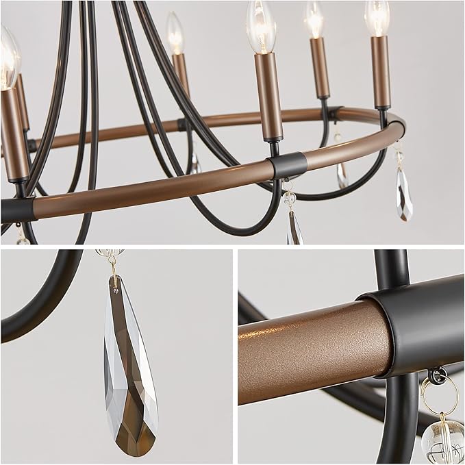 WUZUPS Wagon Wheel Chandelier Rustic Farmhouse Industrial Round Pendant Light Fixture with Smoky Gray Crystal for Dining Room Kitchen Island, H 28.3" x W 30.3", E12 Base, Brown Black