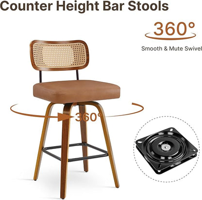 Swivel Bar Stools Set of 2, 26" Upholstered Counter Height Bar Stools with Rattan Back and Bent Walnut Wood Legs, Faux Leather Modern Barstools for Kitchen Island,Rattan Brown