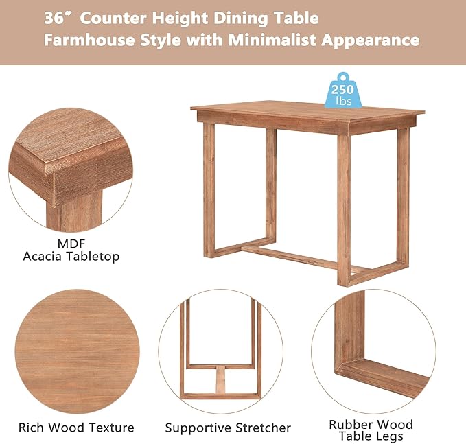 VilroCaz Farmhouse Counter Height Dining Table Set for 4, Wooden 5-Piece Kitchen Pub Bar Table Set, 47'' Rectangular Dining Table and 4 Upholstered Counter Height Chairs for Small Places (Brown-H)