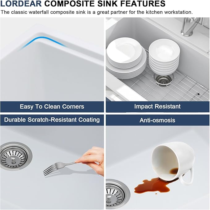 Lordear 30 Granite Composite Kitchen Sink Drop In Workstation 30X22 Inch Quartz White Kitchen Sink Single Bowl Kitchen Sinks with Accessories
