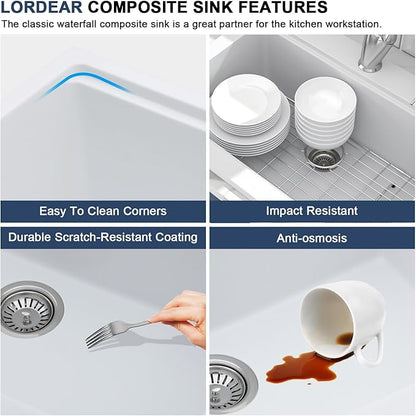 Lordear 30 Granite Composite Kitchen Sink Drop In Workstation 30X22 Inch Quartz White Kitchen Sink Single Bowl Kitchen Sinks with Accessories