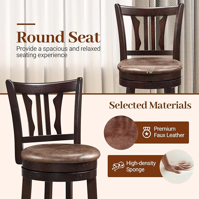 Giantex Swivel Bar Stools Set of 2, 30" Upholstered Bar Height Bar Chairs with Back, Faux Leather Seat, Solid Rubber Frame & Wrap-Around Footrest, Wooden Barstools for Kitchen Island, Pub