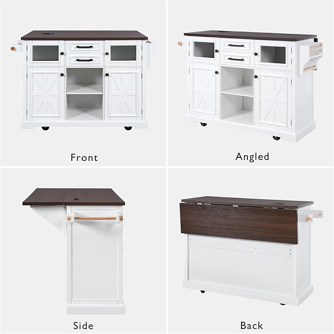 54.9" Kitchen Island with Drop Leaf and Drawers, Rolling Kitchen Cart with Shelves and Storage Cabinet, Kitchen Prep Table on Wheels with Power Outlet and Cross Barn Doors & Visual Glass Door White