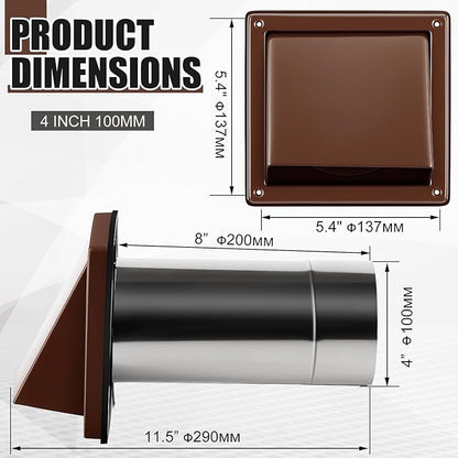 Gisafai 4" Outside Dryer Vent Cover for Exterior Walls Exhaust Vent Cap with Removable Extension Pipe Stainless Steel Hood Cushioned Non Return Flap with Sealing Gasket Grille Screen