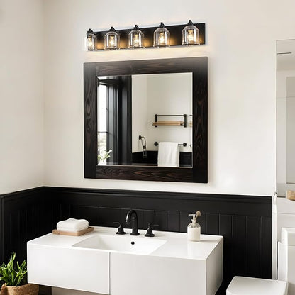 Vanity Lights for Bathroom Large 40", Farmhouse Rustic Vanity Light with Bubble Glass Shades, Black 5 Light Bathroom Lighting Fixtures Over Mirror, Bath Wall Sconce Home Decor