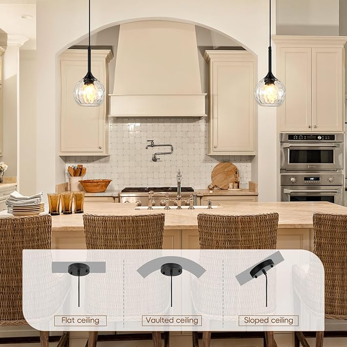 JHLBYL Glass Pendant Lights Kitchen Island: 5.91'' 2-Pack 1-Light Hammered Glass Pendant Light with Black Finish - Modern Minimalist Hanging Light Fixture for Kitchen Sink Dining Room - E26 Base
